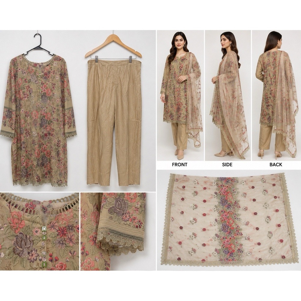 Women's Embroidered Kurta Pants Dupatta Pakistani Indian 3 Piece Set A28